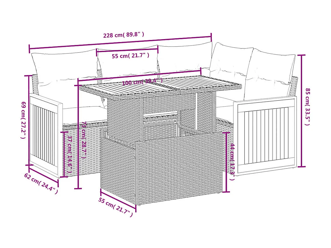 5-delige Loungeset met kussens poly rattan beige