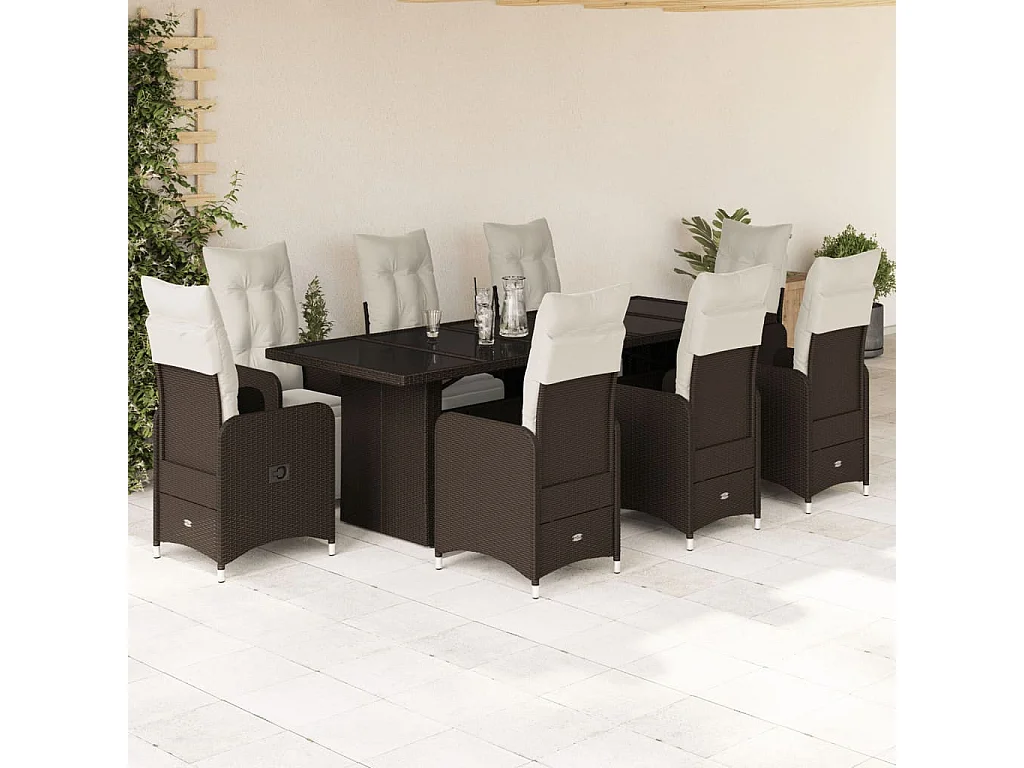 Ensemble de bistro de jardin 9 pcs coussins marron poly rotin