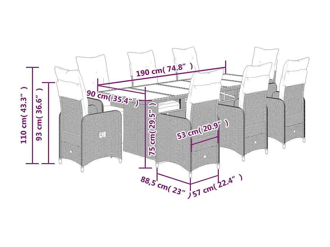 Ensemble de bistro de jardin 9 pcs coussins marron poly rotin