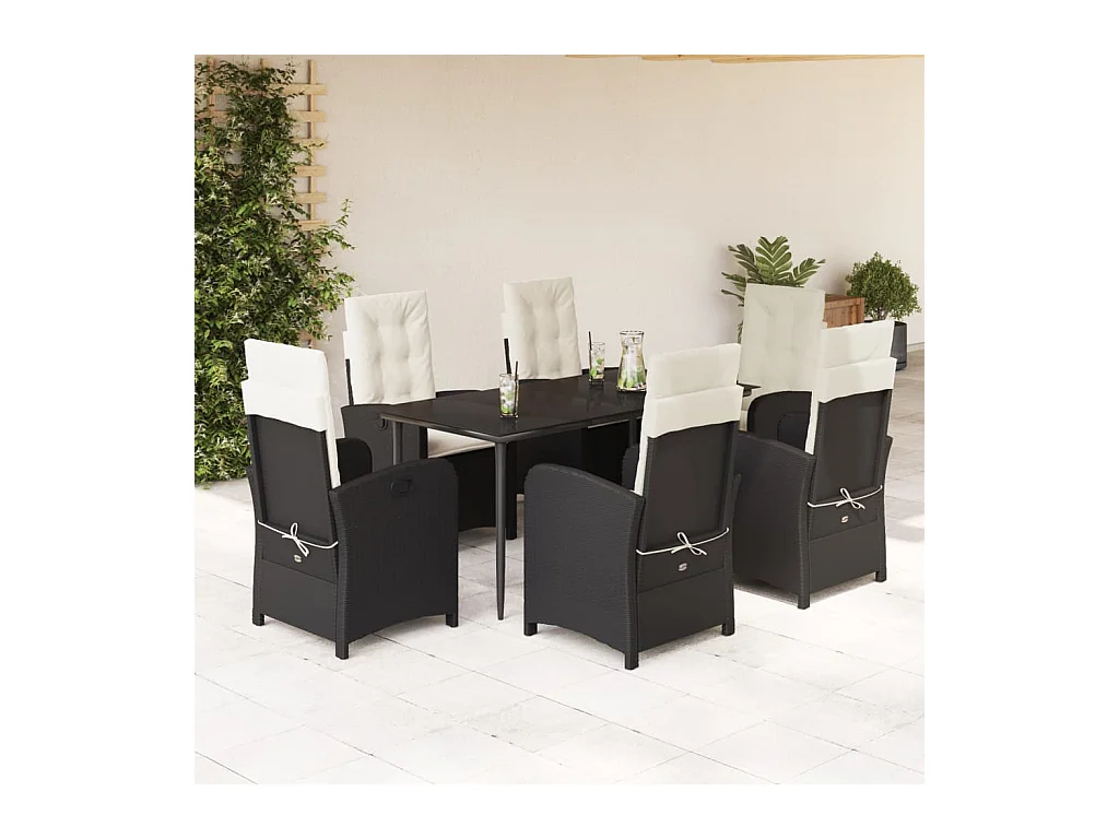 7-tlg. Garten-Essgruppe mit Kissen Schwarz Poly Rattan