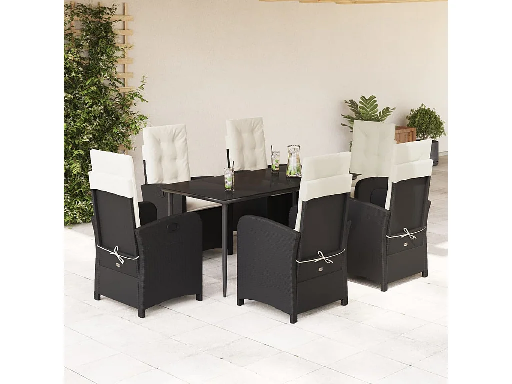 Set da Pranzo da Giardino 7 pz Nero con Cuscini in Polyrattan