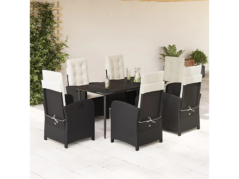 Set da Pranzo da Giardino 7 pz Nero con Cuscini in Polyrattan