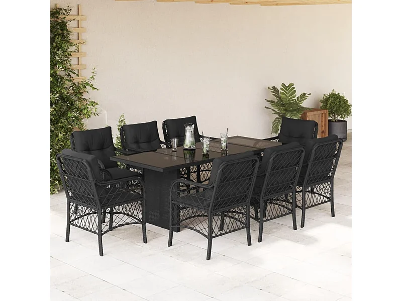 Ensemble à manger de jardin 9pcs coussins noir résine tressée