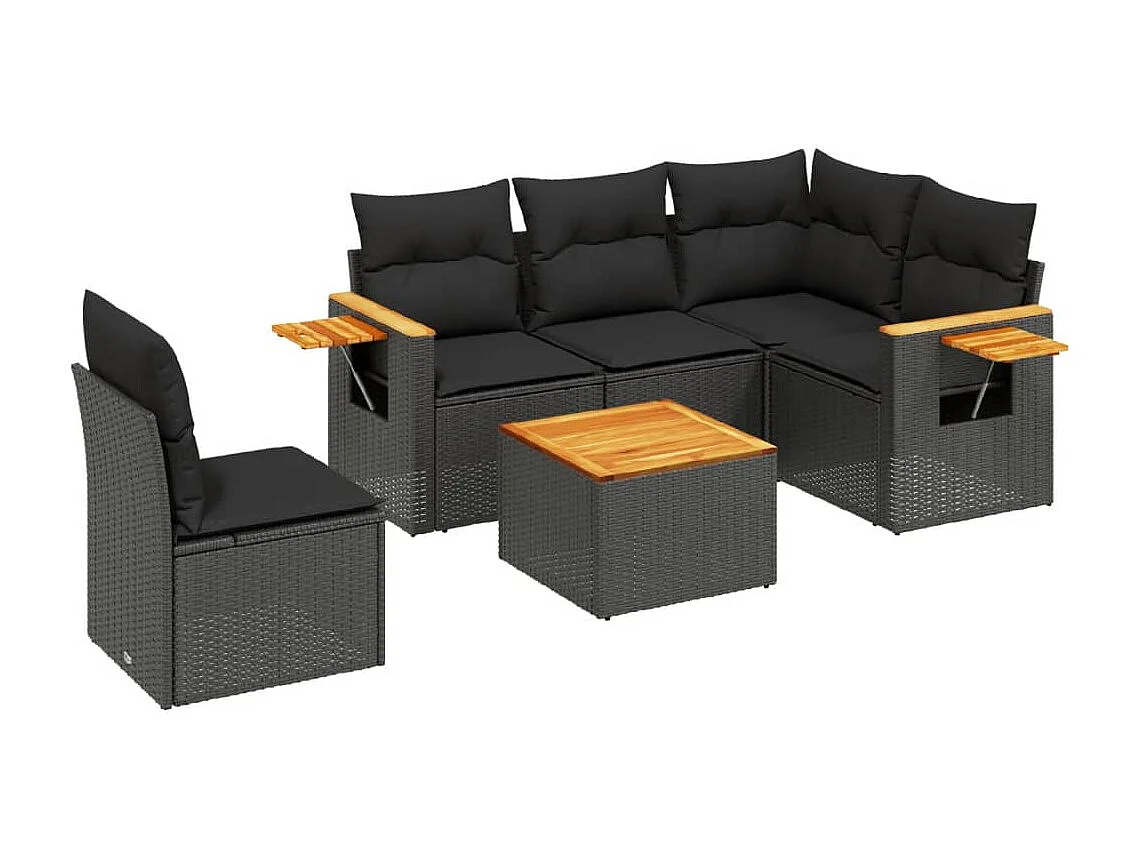 6-delige Loungeset met kussens poly rattan zwart