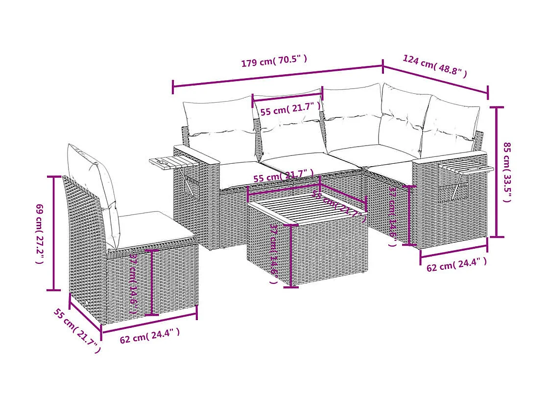 6-delige Loungeset met kussens poly rattan zwart