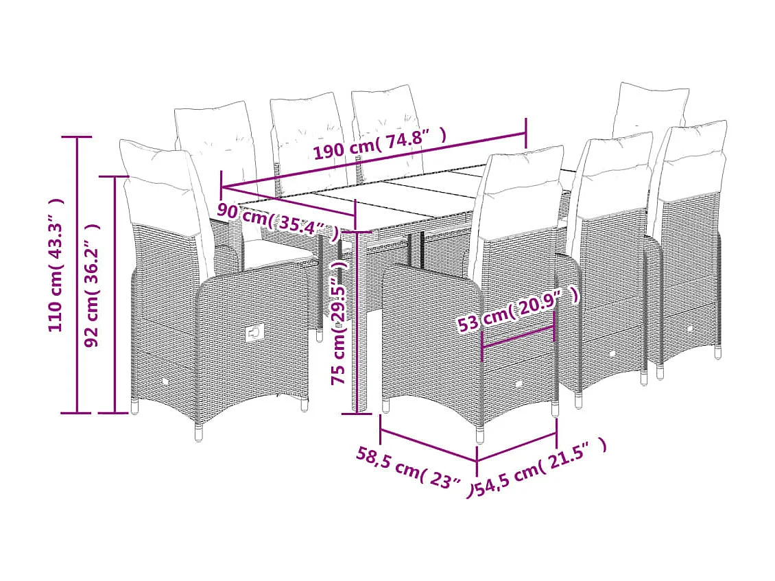 Set de mesa y sillas de jardín 9 pzas y cojines ratán PE negro