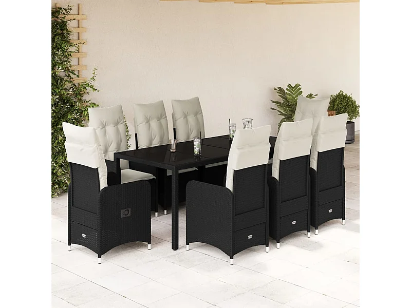 9-tlg. Garten-Bistro-Set mit Kissen Schwarz Poly Rattan