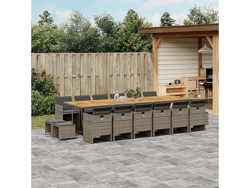 Set da Pranzo da Giardino 17pz con Cuscini Grigio in Polyrattan