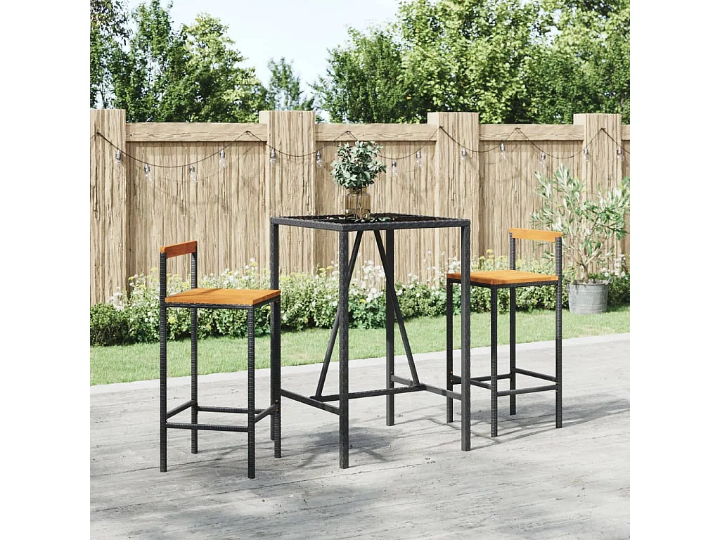 3 pcs conjunto de bar p/ jardim vime PE/acácia maciça preto