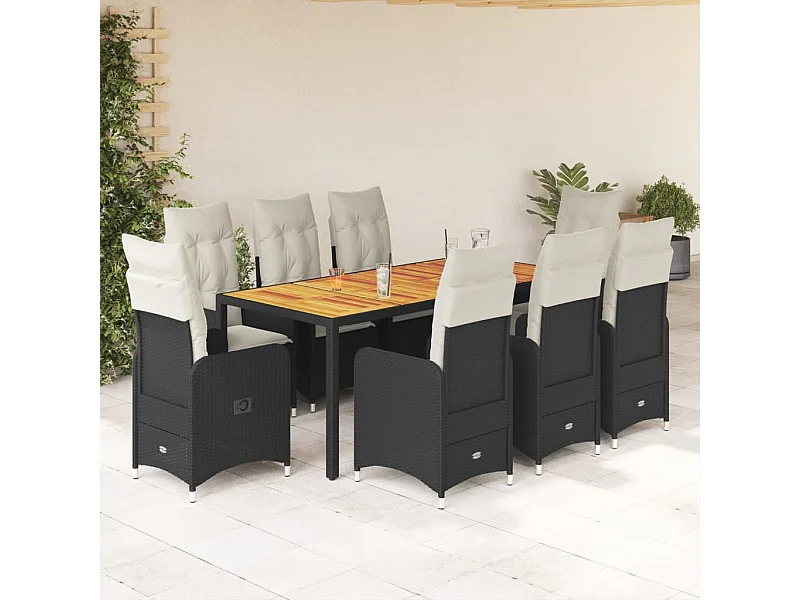 Ensemble de bistro de jardin 9 pcs coussins noir poly rotin