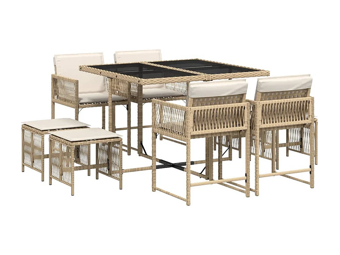 Ensemble à manger de jardin et coussins 9 pcs beige Poly rotin