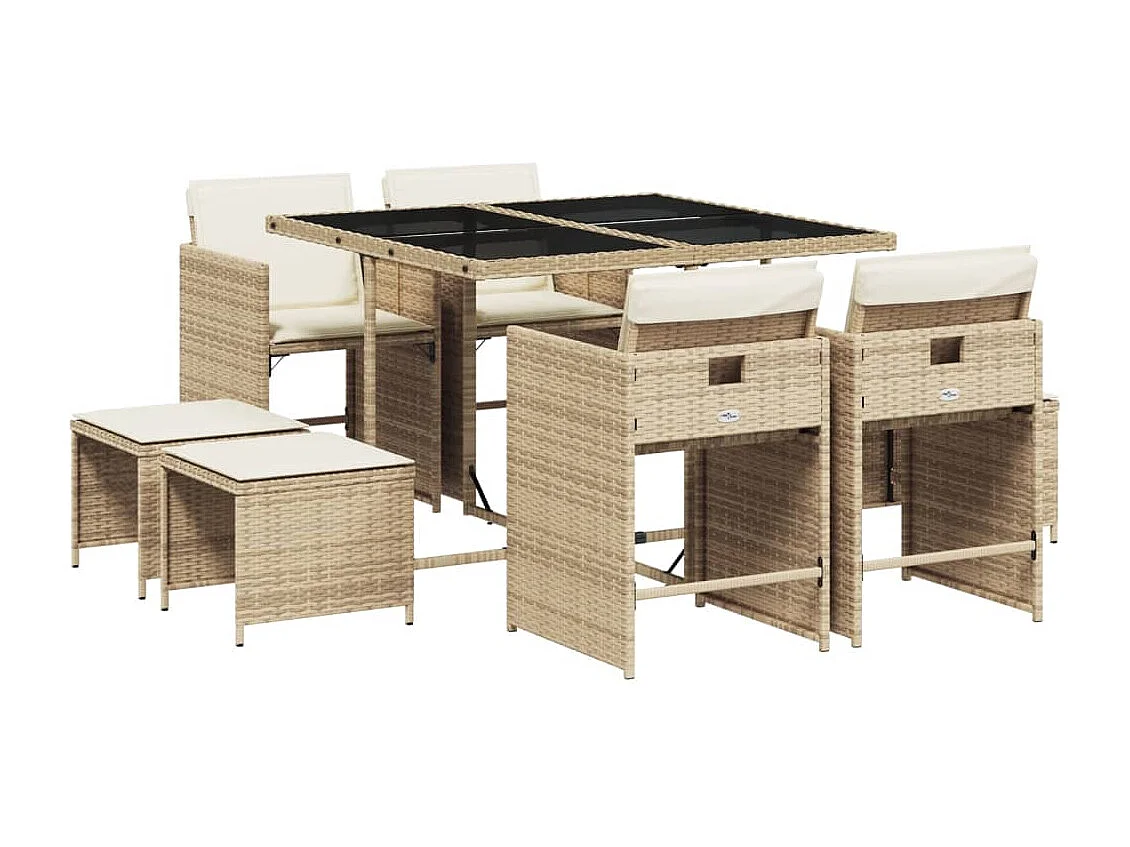 Set da Pranzo da Giardino 9 pz con Cuscini Beige in Polyrattan