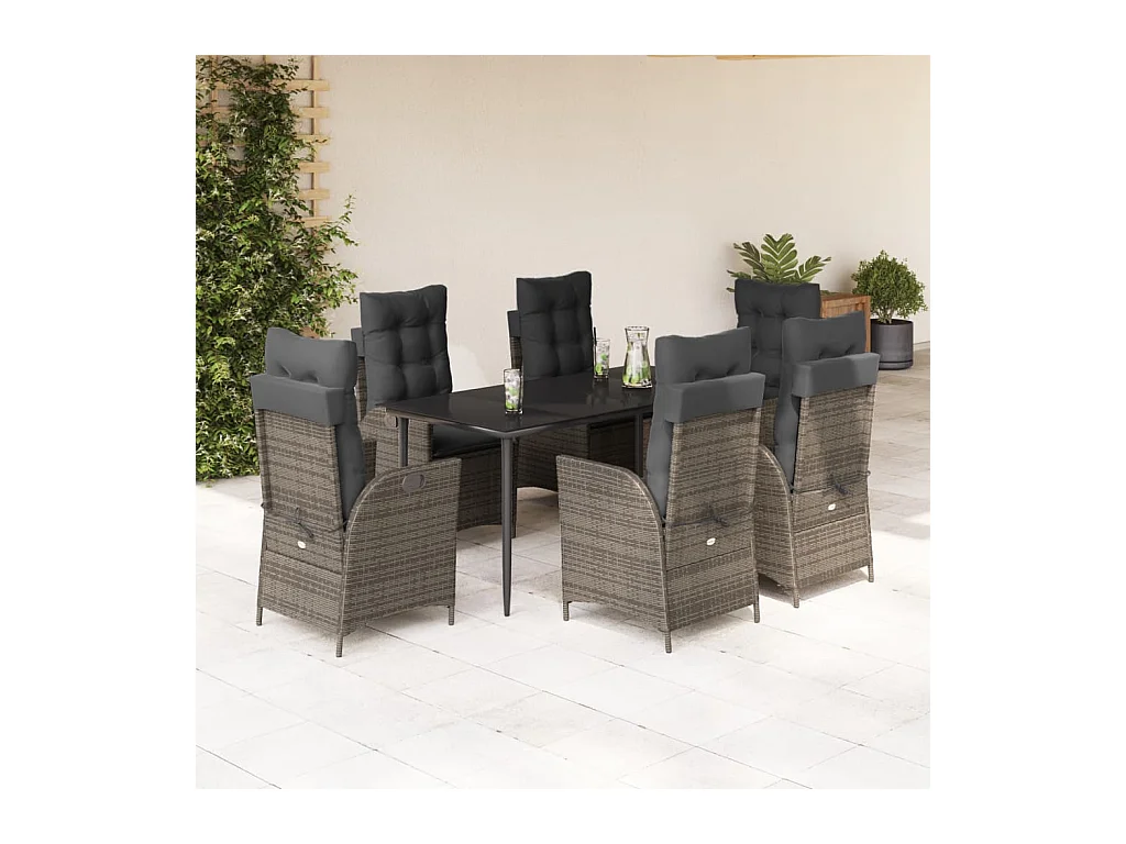 7 pcs conjunto de jantar p/ jardim c/ almofadões vime PE cinza