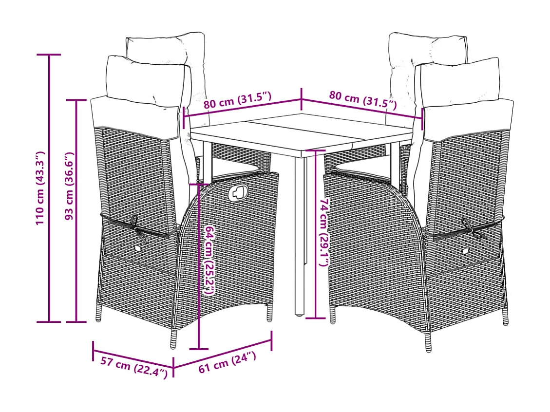Set Pranzo da Giardino 5pz con Cuscini Grigio Chiaro Polyrattan