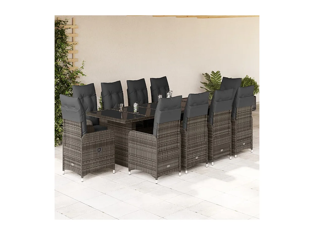 Set Bistrò da Giardino 11 pz con Cuscini in Polyrattan Grigio