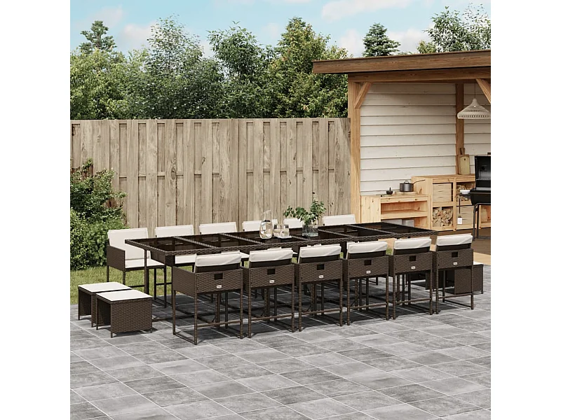 Set da Pranzo da Giardino 17 pz con Cuscini Marrone Polyrattan