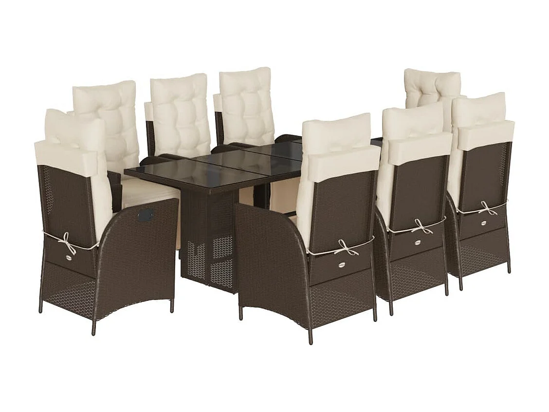 Ensemble à manger de jardin et coussins 9 pcs marron poly rotin