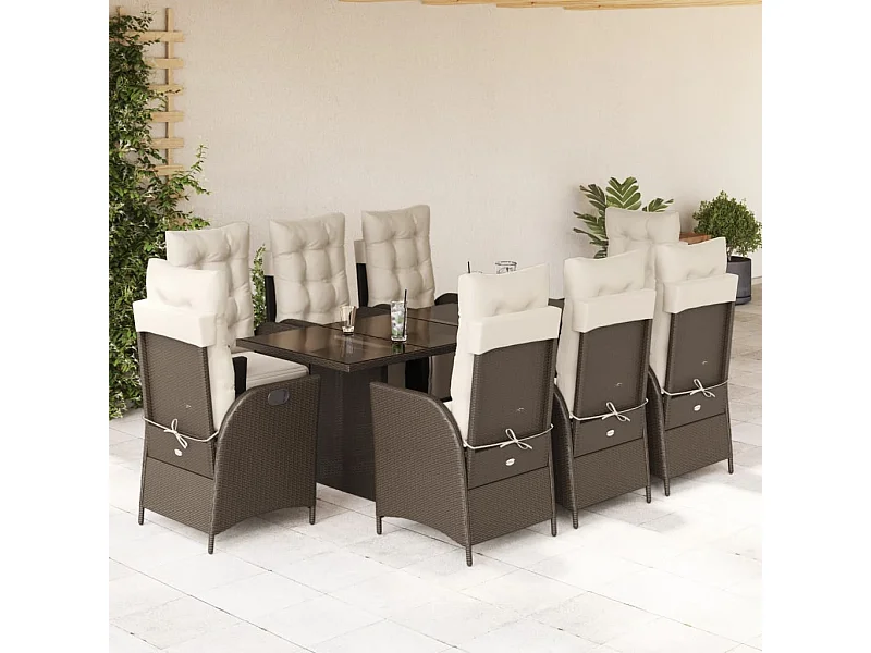 Ensemble à manger de jardin et coussins 9 pcs marron poly rotin