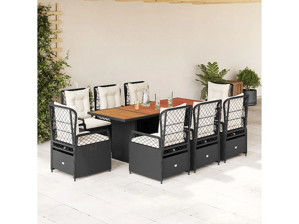 Set de comedor de jardín 9 pzas y cojines ratán sintético negro