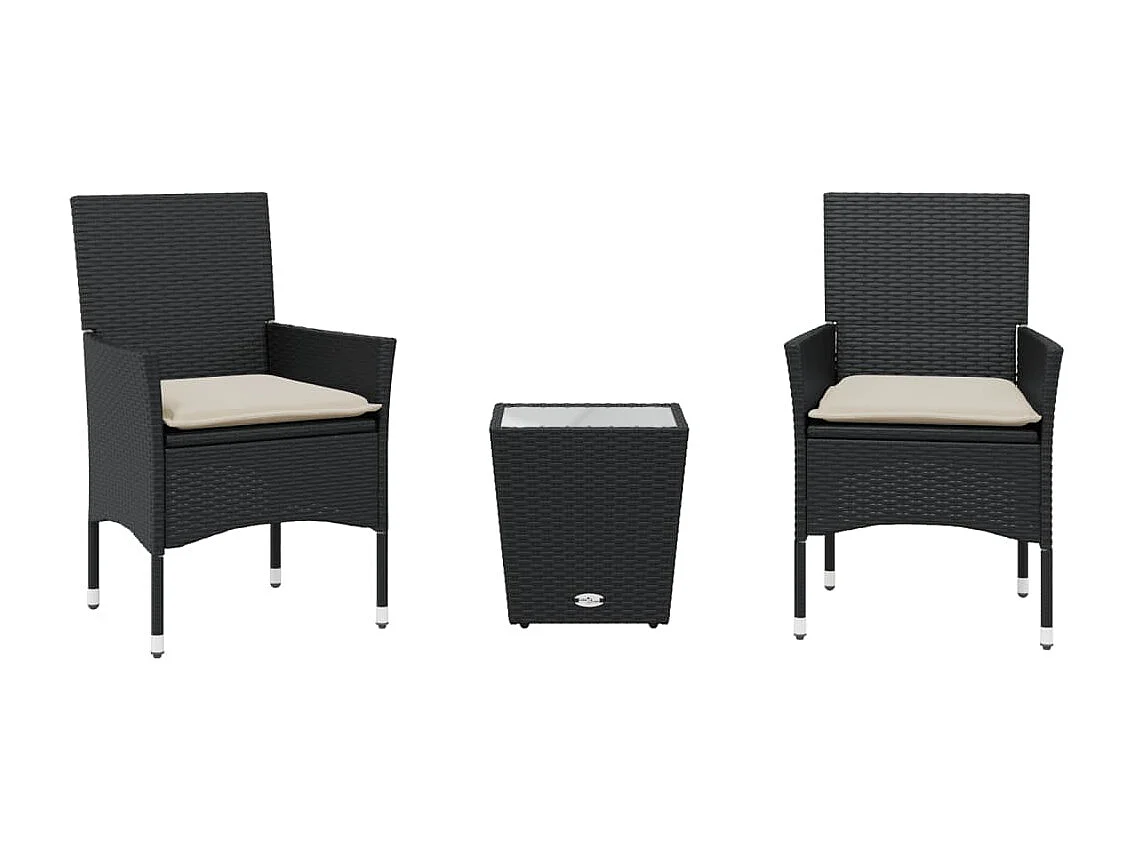 3-tlg. Bistro-Set mit Kissen Schwarz Poly Rattan und Glas