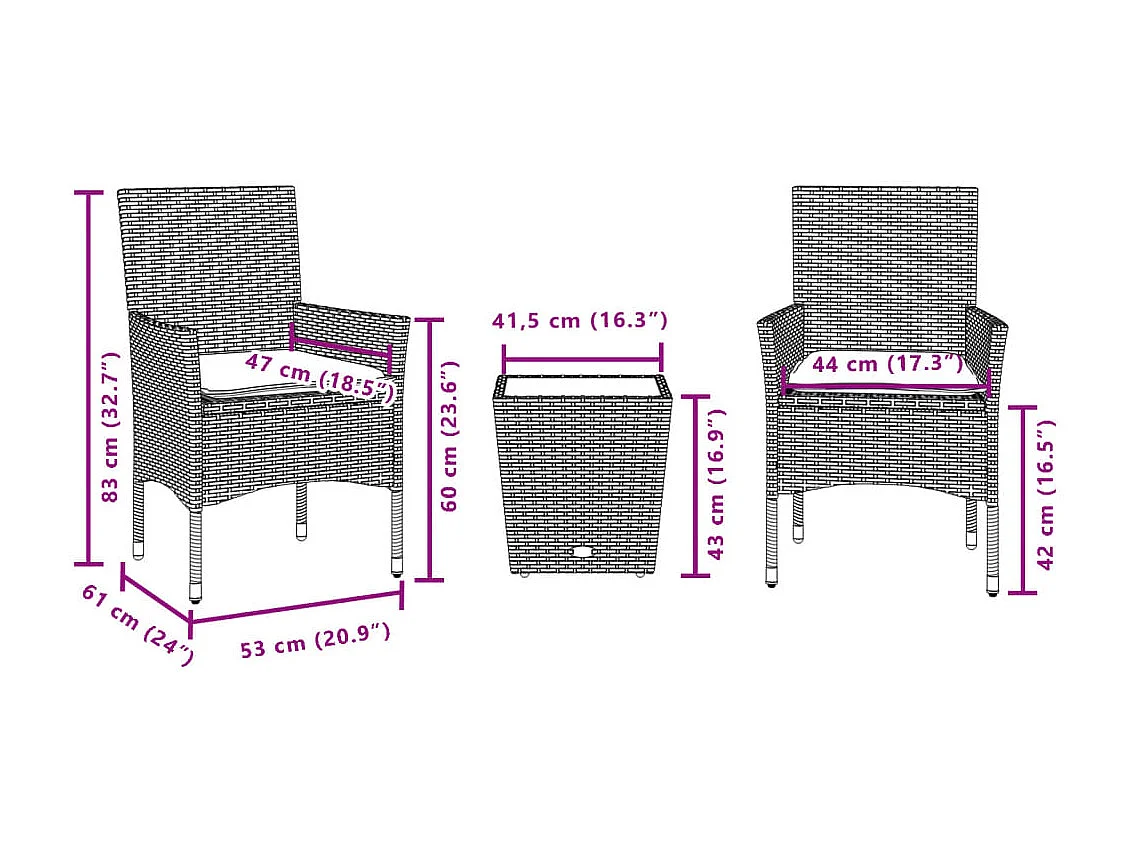 3-tlg. Bistro-Set mit Kissen Schwarz Poly Rattan und Glas