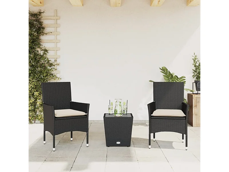 Ensemble de bistro avec coussins 3pcs noir résine tressée verre
