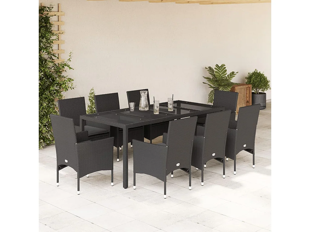 Set da Pranzo da Giardino 9 pz con Cuscini Polyrattan e Vetro