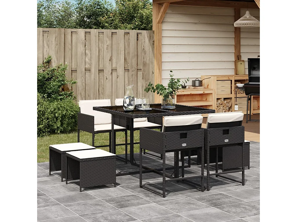 9 pcs conjunto de jantar p/ jardim c/ almofadões vime PE preto