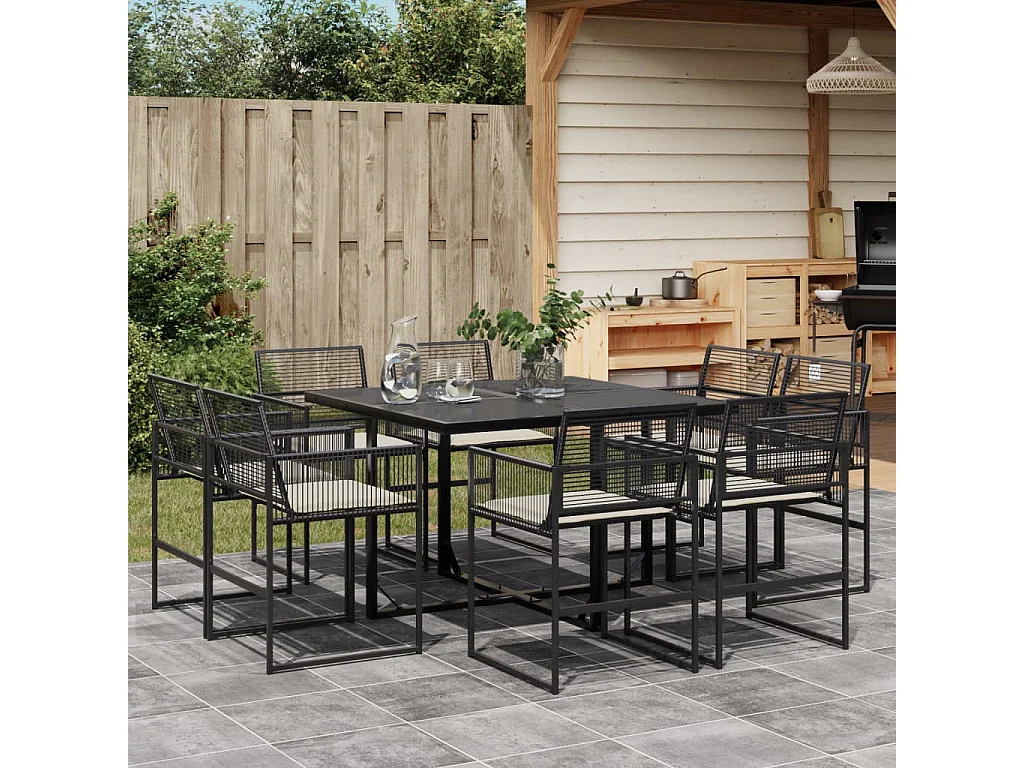Set de comedor de jardín 9 pzas y cojines ratán sintético negro