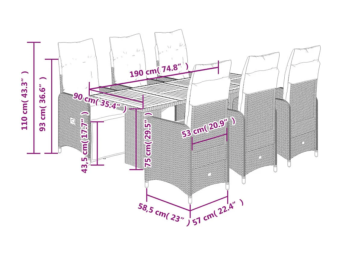 Set da Bistrò da Giardino 7 pz con Cuscini Nero in Polyrattan
