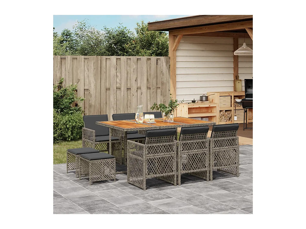 Ensemble à manger de jardin 11pcs avec coussins gris poly rotin