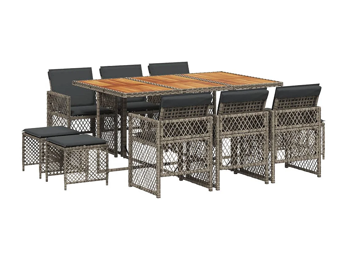 Set da Pranzo da Giardino 11pz con Cuscini in Polyrattan Grigio