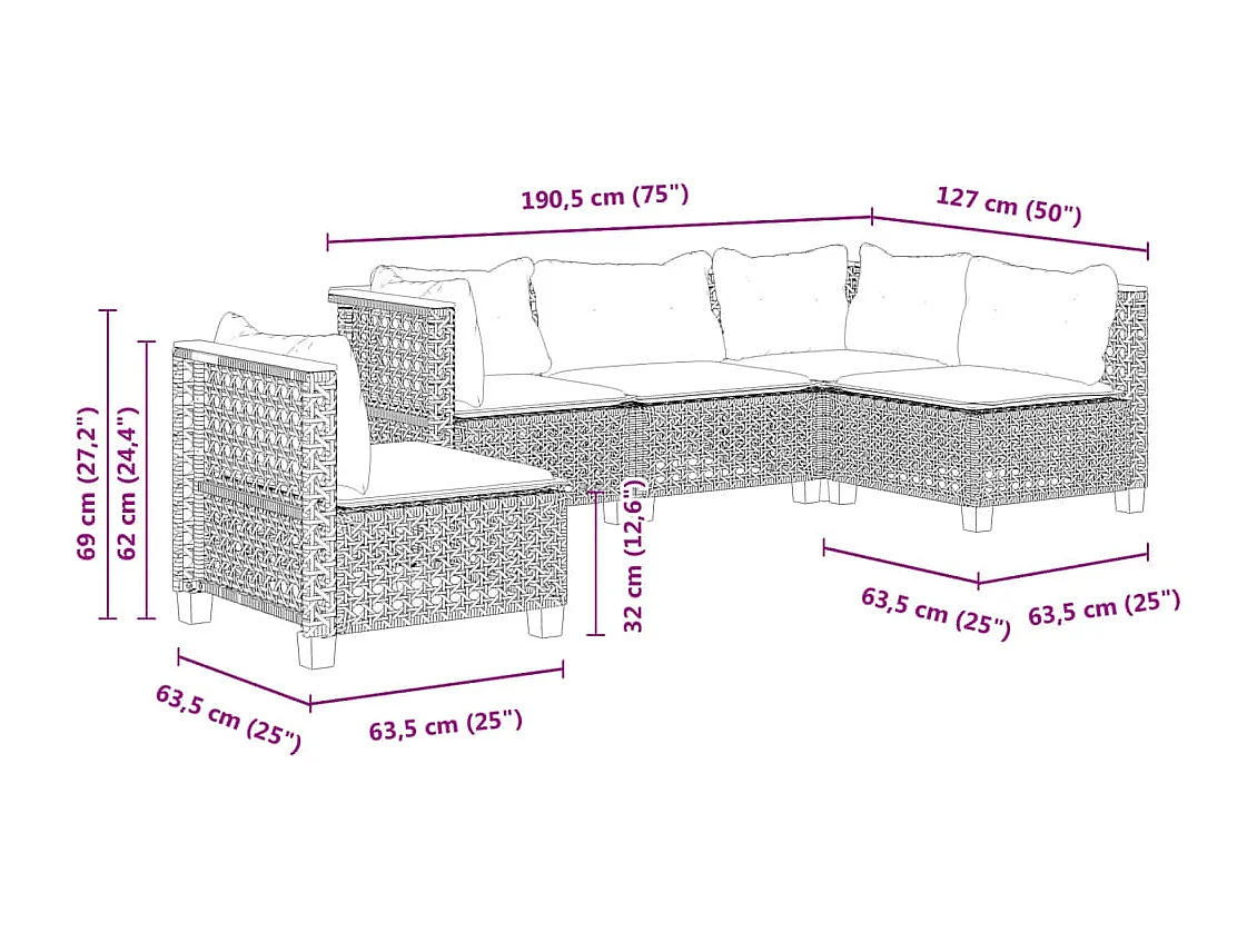 Set Divano da Giardino 5 pz con Cuscini Grigio in Polyrattan