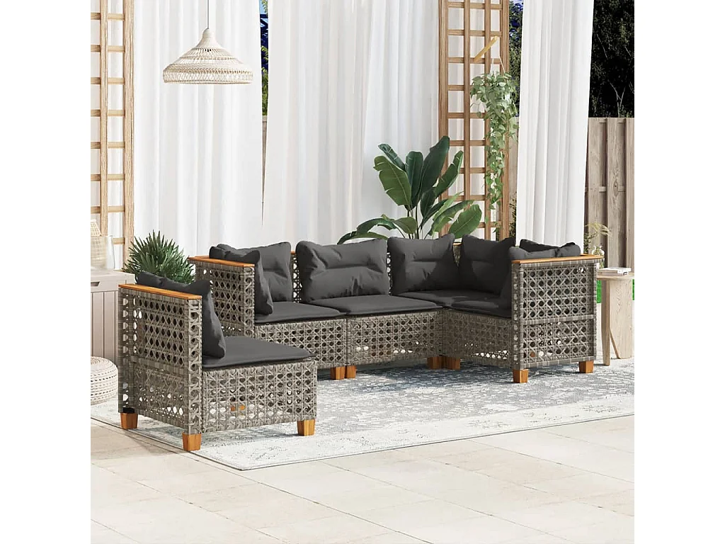 5-tlg. Garten-Sofagarnitur mit Kissen Grau Poly Rattan