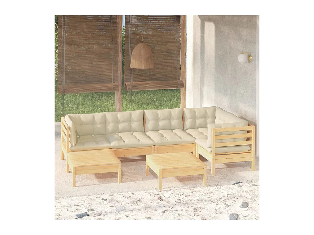 Salon de jardin 7 pcs avec coussins crème bois de pin massif