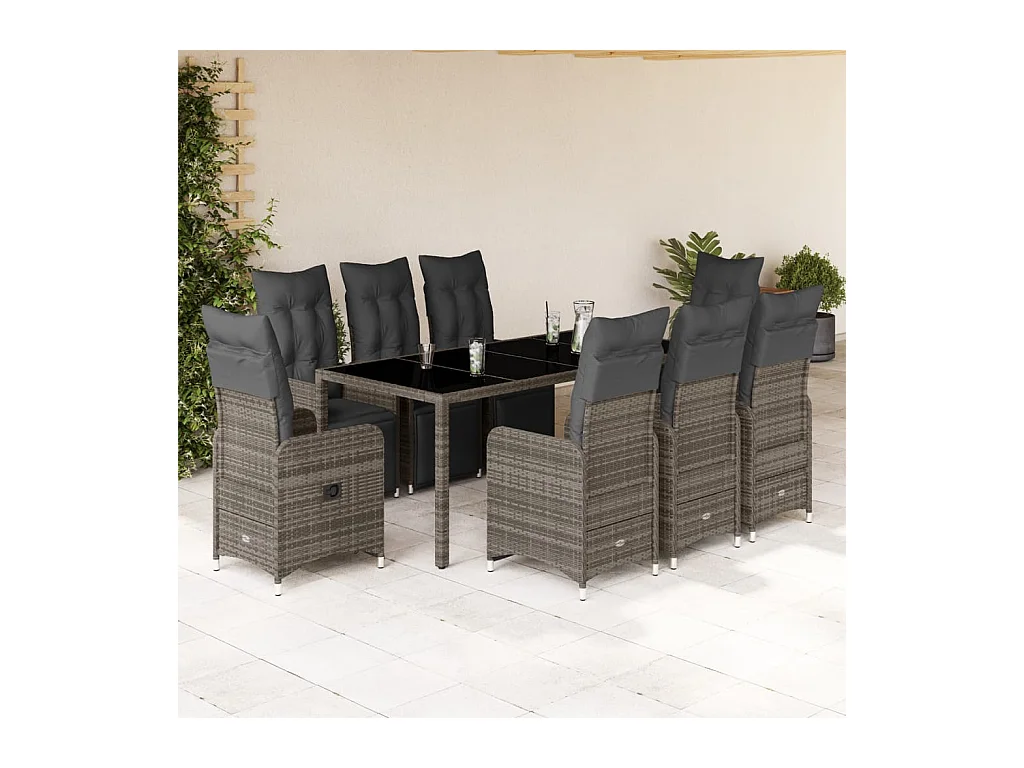 Ensemble de bistro de jardin 9 pcs coussins gris poly rotin