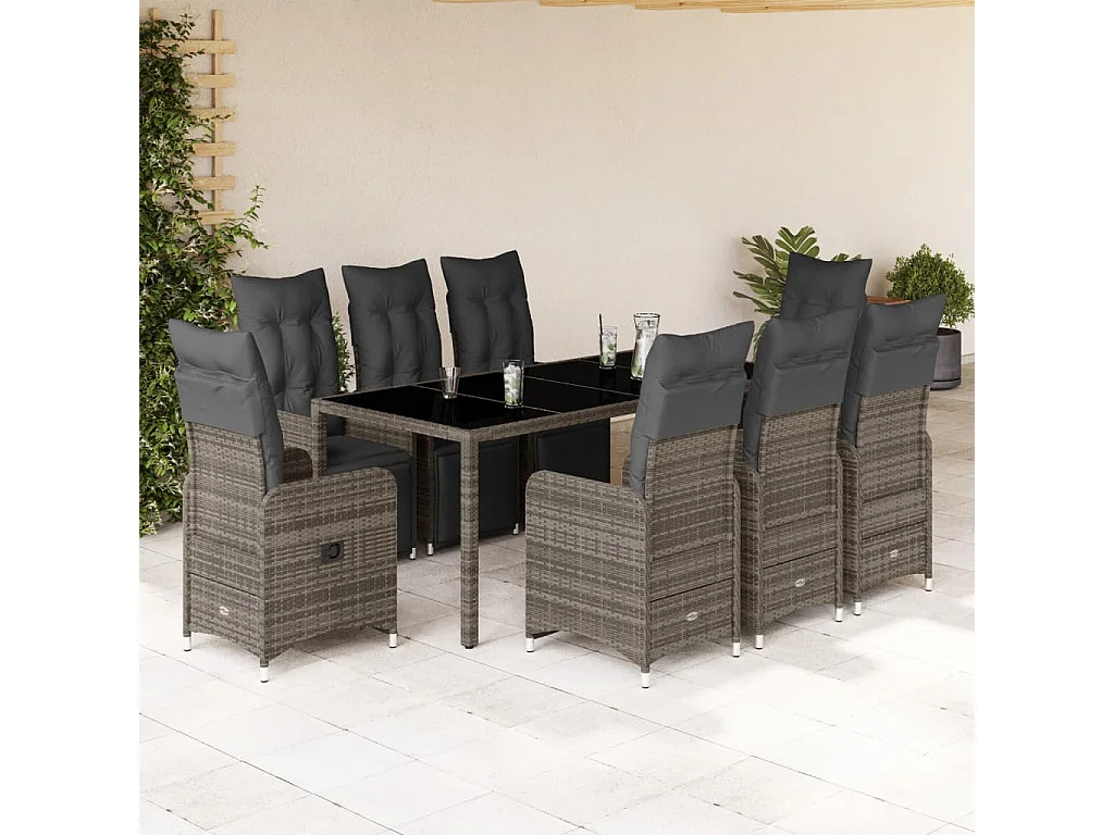 Ensemble de bistro de jardin 9 pcs coussins gris poly rotin