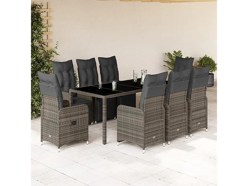 Ensemble de bistro de jardin 9 pcs coussins gris poly rotin