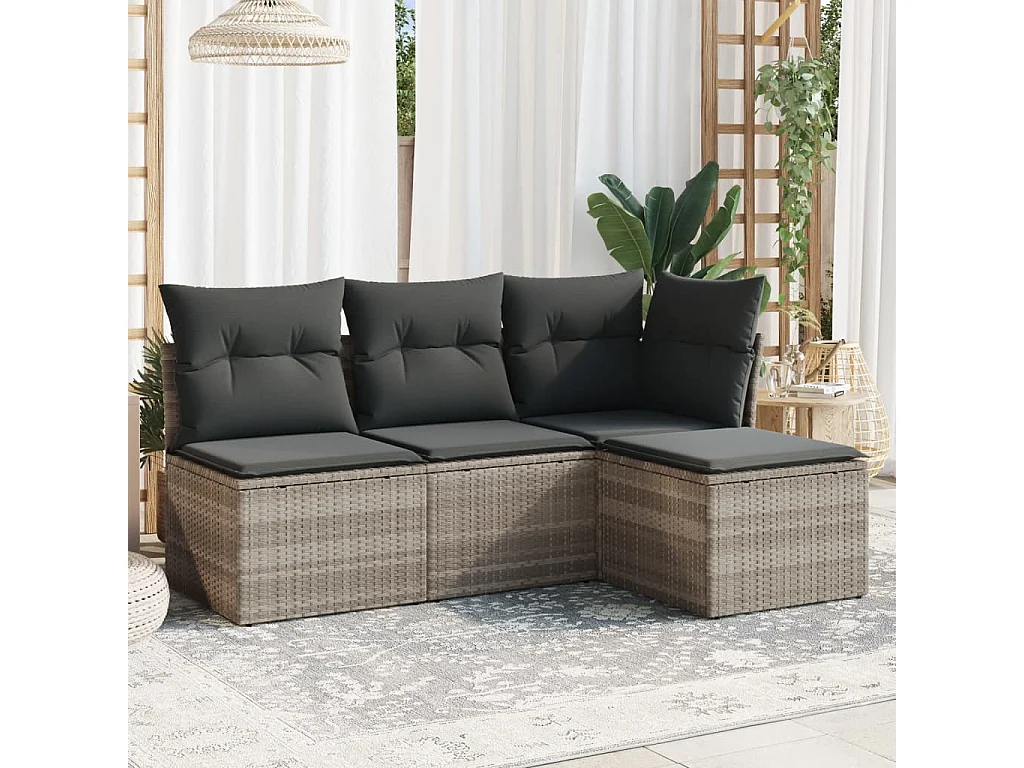 Salon de jardin 4 pcs avec coussins gris clair résine tressée