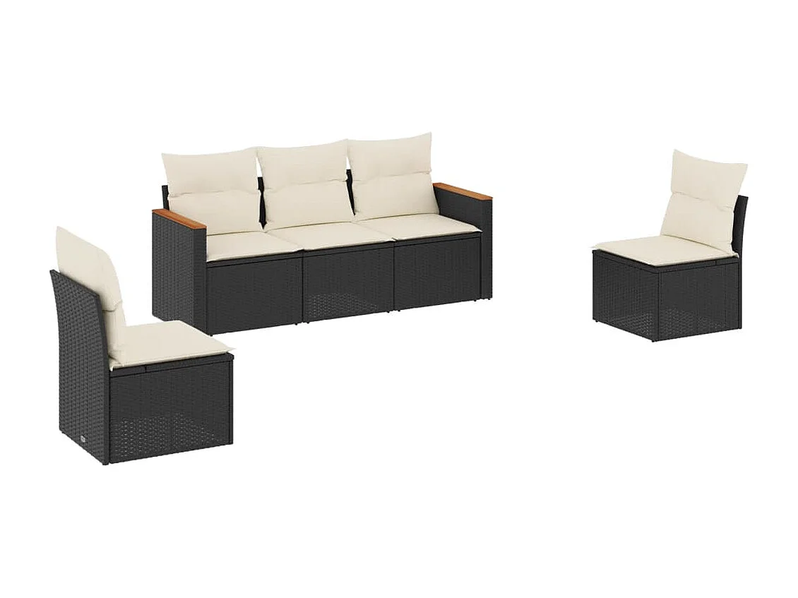 5-delige Loungeset met kussens poly rattan zwart