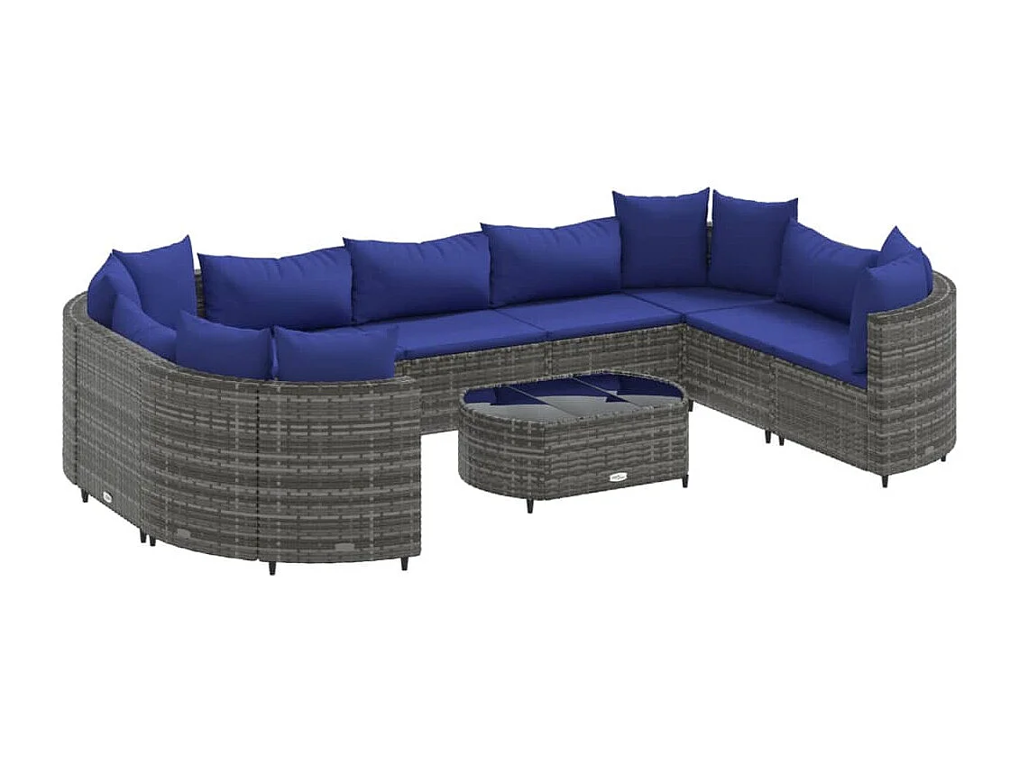 10-delige Loungeset met kussens poly rattan grijs