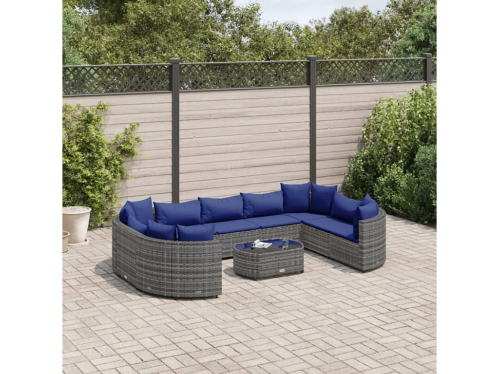 Salon de jardin avec coussins 10 pcs gris résine tressée
