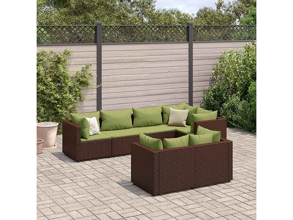 Salon de jardin avec coussins 7 pcs marron résine tressée