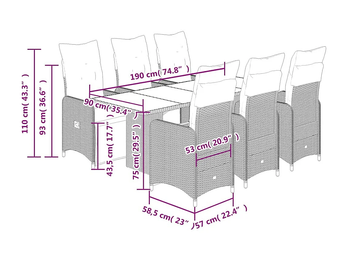 Ensemble de bistro de jardin 7 pcs coussins marron poly rotin