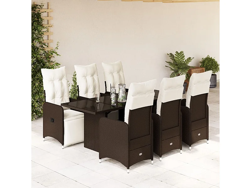 7 pcs conjunto bistrô de jardim c/ almofadões vime PE castanho