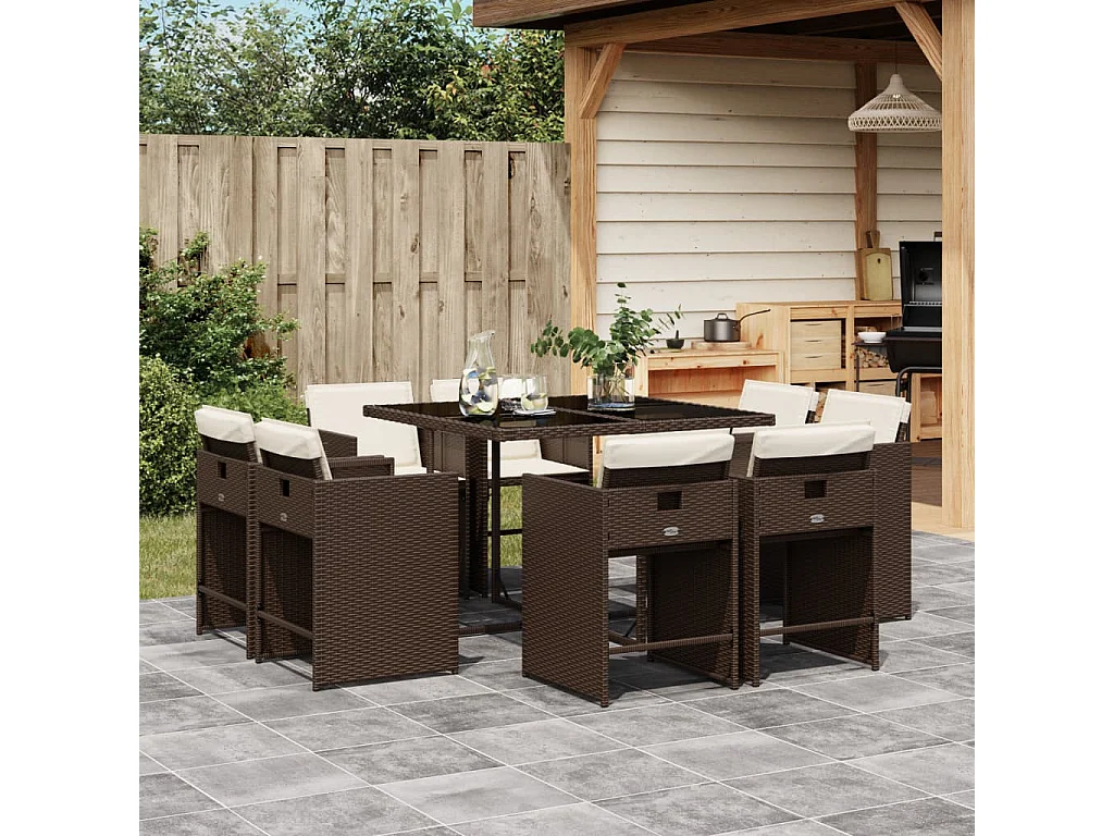 Ensemble à manger de jardin et coussins 9 pcs marron poly rotin