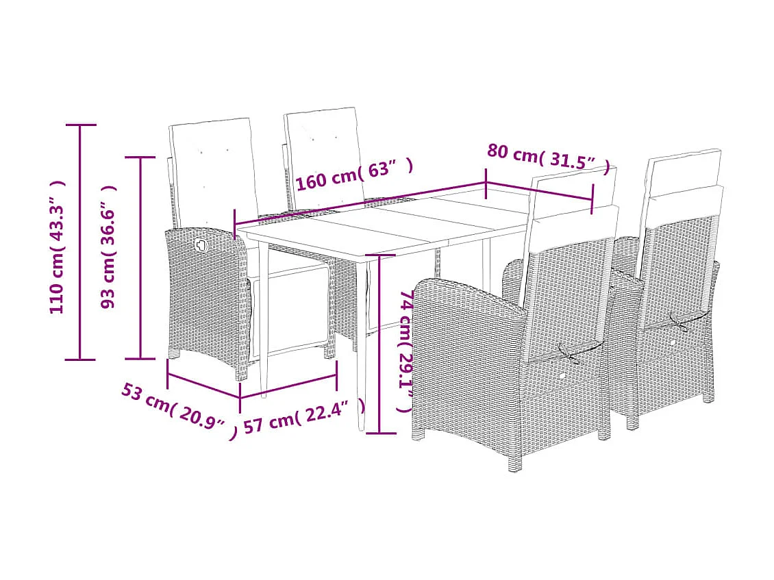 Set da Pranzo da Giardino 5 pz con Cuscini in Polyrattan Grigio