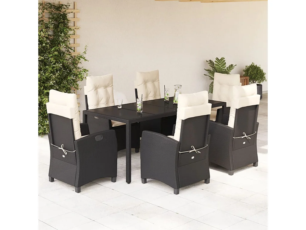 Set de comedor de jardín 7 pzas y cojines ratán sintético negro