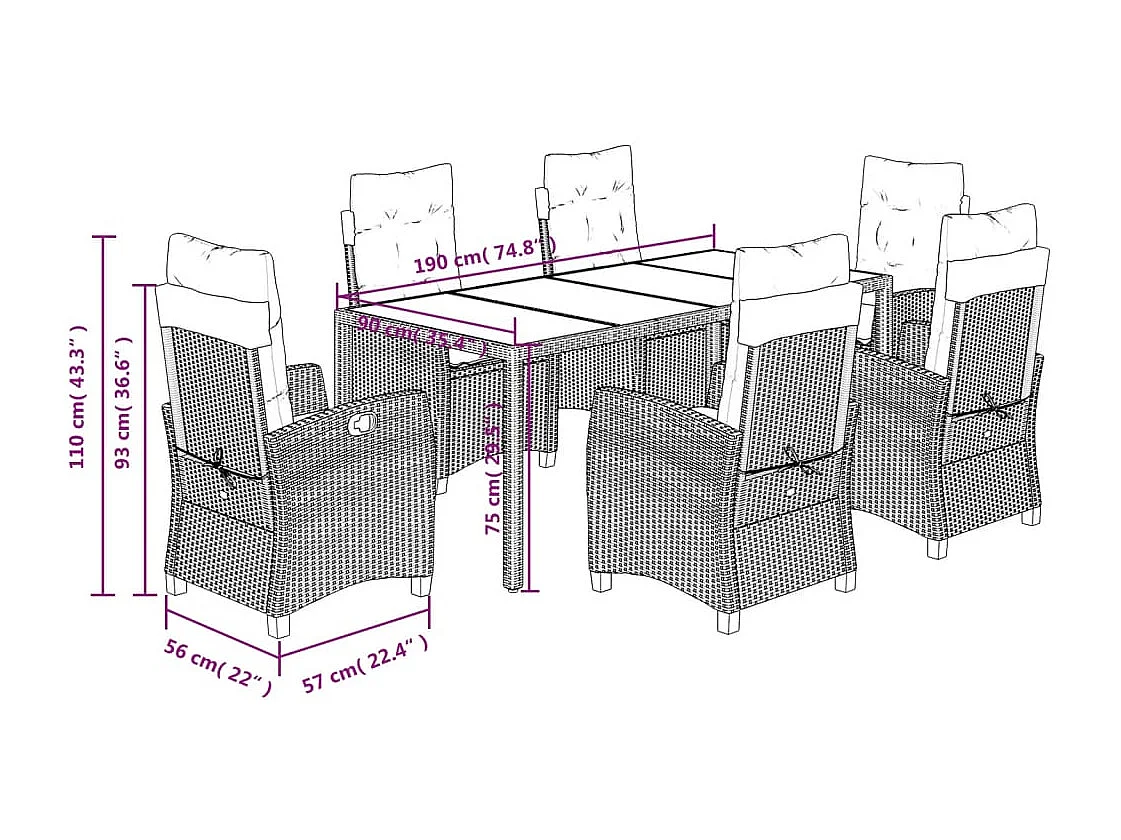 Set de comedor de jardín 7 pzas y cojines ratán sintético negro
