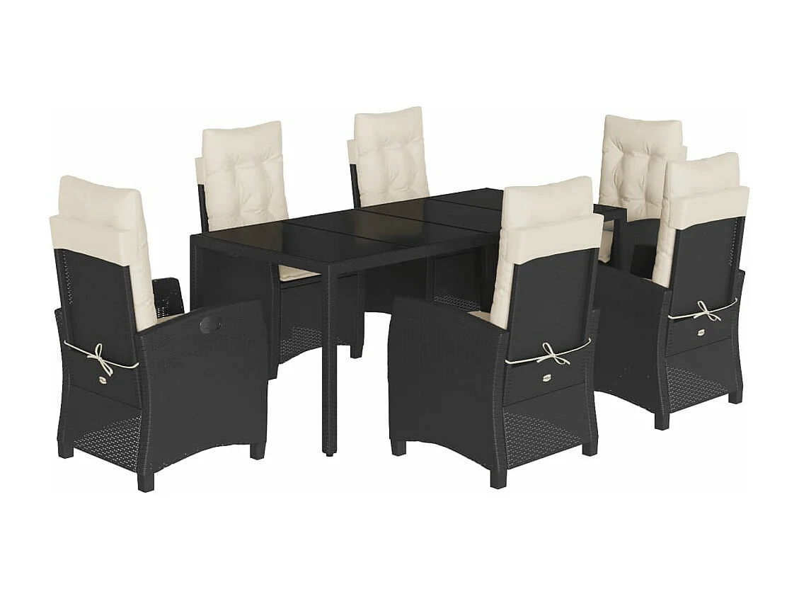 7 pcs conjunto de jantar p/ jardim c/ almofadões vime PE preto